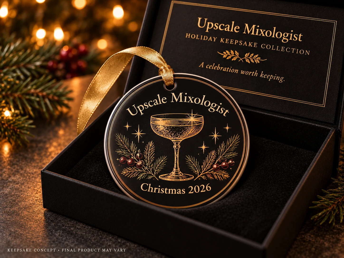 Upscale Mixologist Christmas 2026 ornament concept in a presentation box
